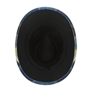 Detail view of denim kids jazz hat showing inner sweatband and black fabric lining