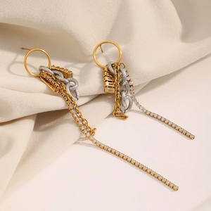 Elegant 18K gold plated stainless steel fringe earrings with zircon and silver chains