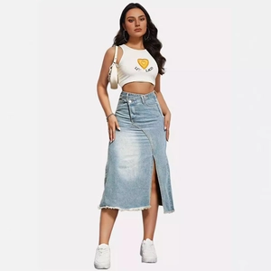 Falda midi vaquera retro americana para mujer con abertura y diseño de cintura alta