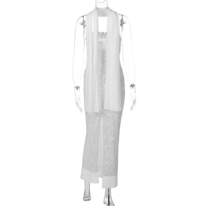 Detail of white sequin tube maxi dress with front slit and matching chiffon scarf