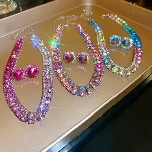 Gradient Rainbow Rhinestone Necklace And Stud Earrings Copper Jewelry With 925 Sterling Silver Earring Post Luxury Women