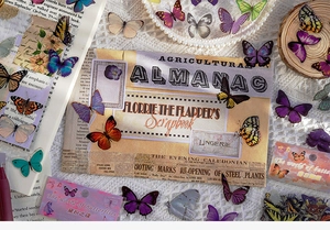 Vintage PET butterfly stickers on lace and antique newspapers for DIY journaling deco