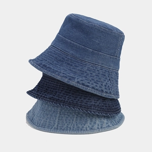 Classic denim bucket hats in three shades of blue wash with stitched brim for women