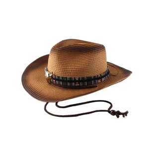 Classic straw western cowboy hat with a gradient brim and bull head metal ornament