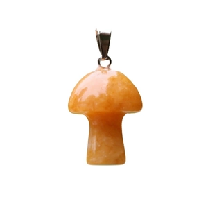 Natural yellow tiger eye crystal mushroom pendant with metal clasp on white background