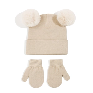 Close-up of beige infant knit set with double pom-poms and ribbed gloves