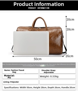 Tabla de tallas detallada para bolso de viaje de cuero PU marrón, dimensiones 50x28x26cm