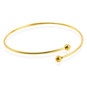 Polished gold minimalist stainless steel open bangle with spherical pendant ends