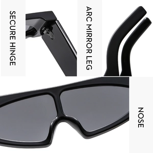 Detail view of durable hinges and ergonomic curved legs on black vintage sunglasses