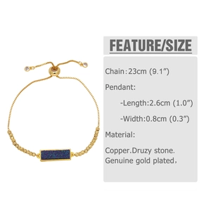 Detail view of 18k gold plated adjustable bracelet with blue Druzy stone and size chart