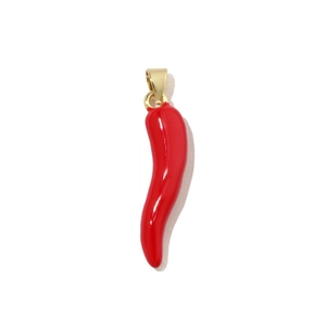 Macro shot of red chili pepper enamel pendant with polished gold hardware finish