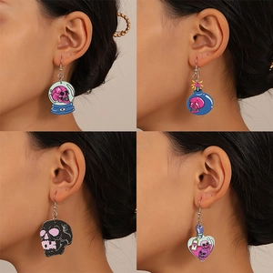 Halloween acrylic skull earrings set featuring colorful cartoon spooky patterns for women