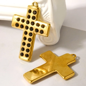 Gold 304 stainless steel cross pendant featuring dual rows of black inlaid rhinestones