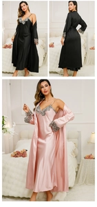Detail of satin sleepwear set with floral embroidery on neck and cuffs in bedroom