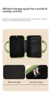 Macro view of green carry-on case with mesh compartment and smooth double zippers