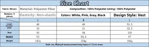 Tableau des tailles détaillé pour gilet femme minimaliste en polyester avec design à 4 boutons