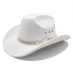 White western cowboy felt hat with beige belt strap and gold buckle on white background