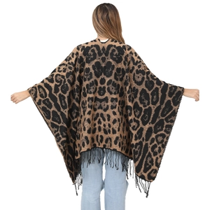 Vintage leopard print knitted shawl with tassels for women, warm winter fashion cape