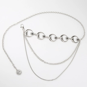 Silver celestial metal waist chain with moon and star pendants and layered fringes
