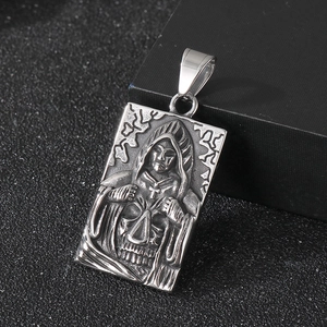 Gothic reaper skull pendant with cross, dark vintage stainless steel jewelry for men