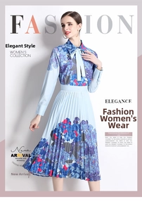 Detail of floral printed pleated dress featuring bow tie neckline and elegant cuffs