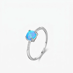 Elegant Women Ring In 925 Sterling Silver With Round Blue Opal And Sparkling White Zirconia Dainty Niche Design Jewelry