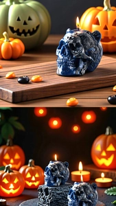 Macro shot of bear skull scented candle with detailed carvings for Halloween home decor
