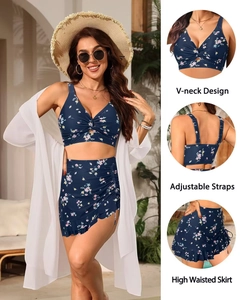 Détails du haut de bikini floral col en V et de la jupe de bain à volants taille haute