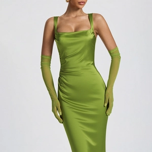 Detail of green satin evening dress with matching sheer gloves and boned corset bodice