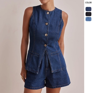 Damen Western Fashion Ärmellos Baumwolle Denim Shorts Set Distressed Washed Einreihiges Top Und Hohe Taille Shorts