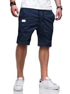 Detail of navy blue woven men's shorts showing waist drawstring and fabric texture