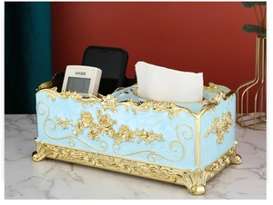 Detail of European floral relief on light blue tissue box with gold remote holder