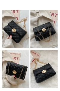 Detailed views of black quilted shoulder bag with gold chain and metal twist lock