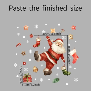 Detailed dimension guide for Christmas Santa and snowflake static wall sticker set