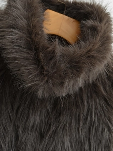 Detailed close-up of fluffy dark brown faux fur texture and rich plush collar detail