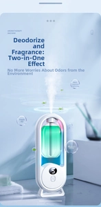 Detail of white automatic aroma diffuser with green bottle, digital display and mist spray