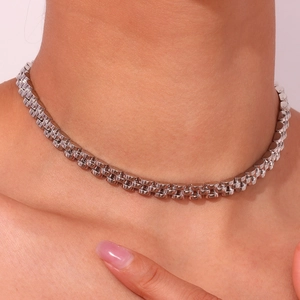 Minimalist 6mm silver stainless steel watch-strap choker necklace shown on model neck