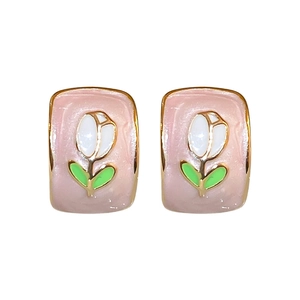 Elegant tulip flower enamel stud earrings with gold plating and pink geometric base