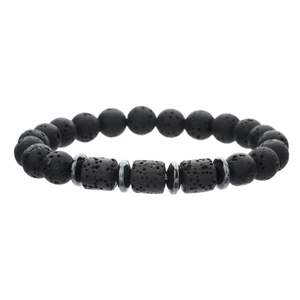 Bracciale artigianale in pietra lavica nera e occhio di tigre con dettagli in acciaio inox
