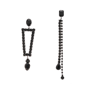Dark asymmetric geometric drop earrings with black crystals and silver tassel design