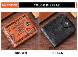 Detail view of brown and black men's dollar bill wallets on a dark wood background