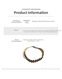 Detailed size chart of vintage black beaded choker with rhinestone and gold-tone chain