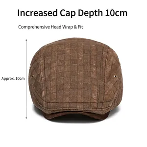 Brown plaid newsboy cap for men and women with 10cm depth in classic British style