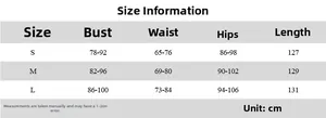 Size chart table for tie-dye maxi dress with bust waist and length measurements in centimeters
