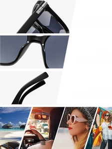 Detail of square sunglasses featuring metal hinges and lifestyle scenes in black