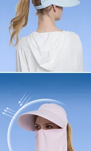 Detail of ice silk sun hat with detachable face mask in light blue and pink