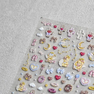 3D embossed nail art stickers featuring cute angel bears, bows and hearts in pastel colors