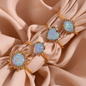 Bohemian 18K gold plated adjustable ring set with iridescent opal and crystal accents