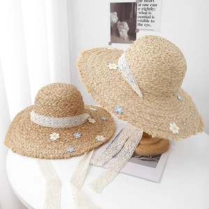 Women and children summer straw sun hat with sweet lace bow and daisy floral accents