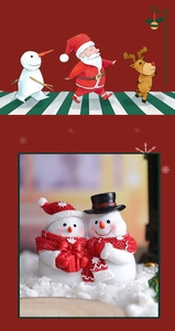Close-up of resin snowman figurines wearing red knitted hats and scarves for Christmas